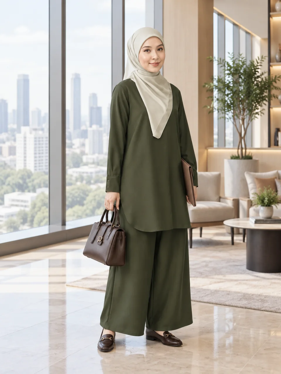 Inspirasi Olive Green — model berdiri penuh, jumpa klien