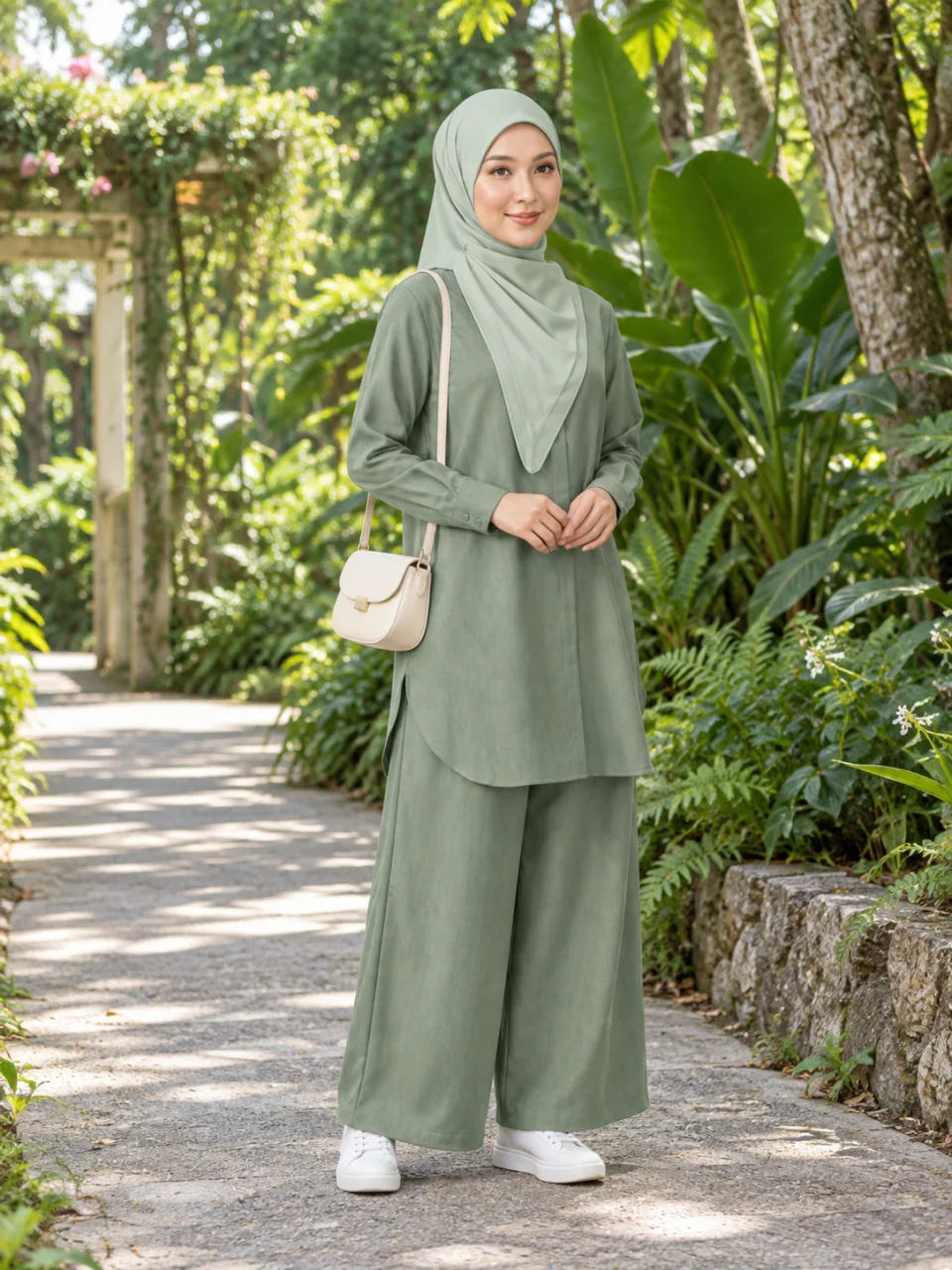 Inspirasi gaya Sage Green, berdiri dengan sneakers di taman