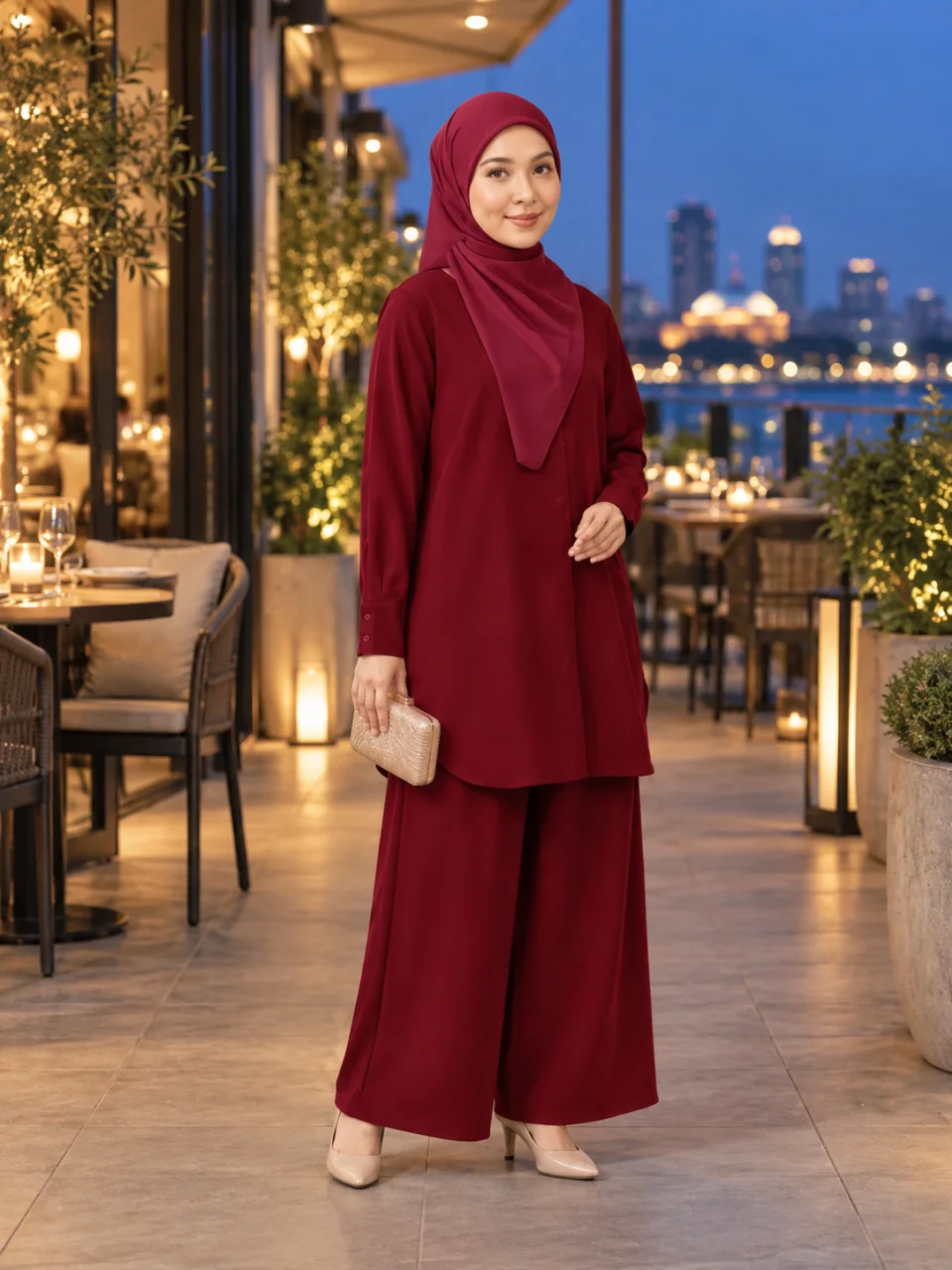 Inspirasi Wine Red — model berdiri penuh, makan malam