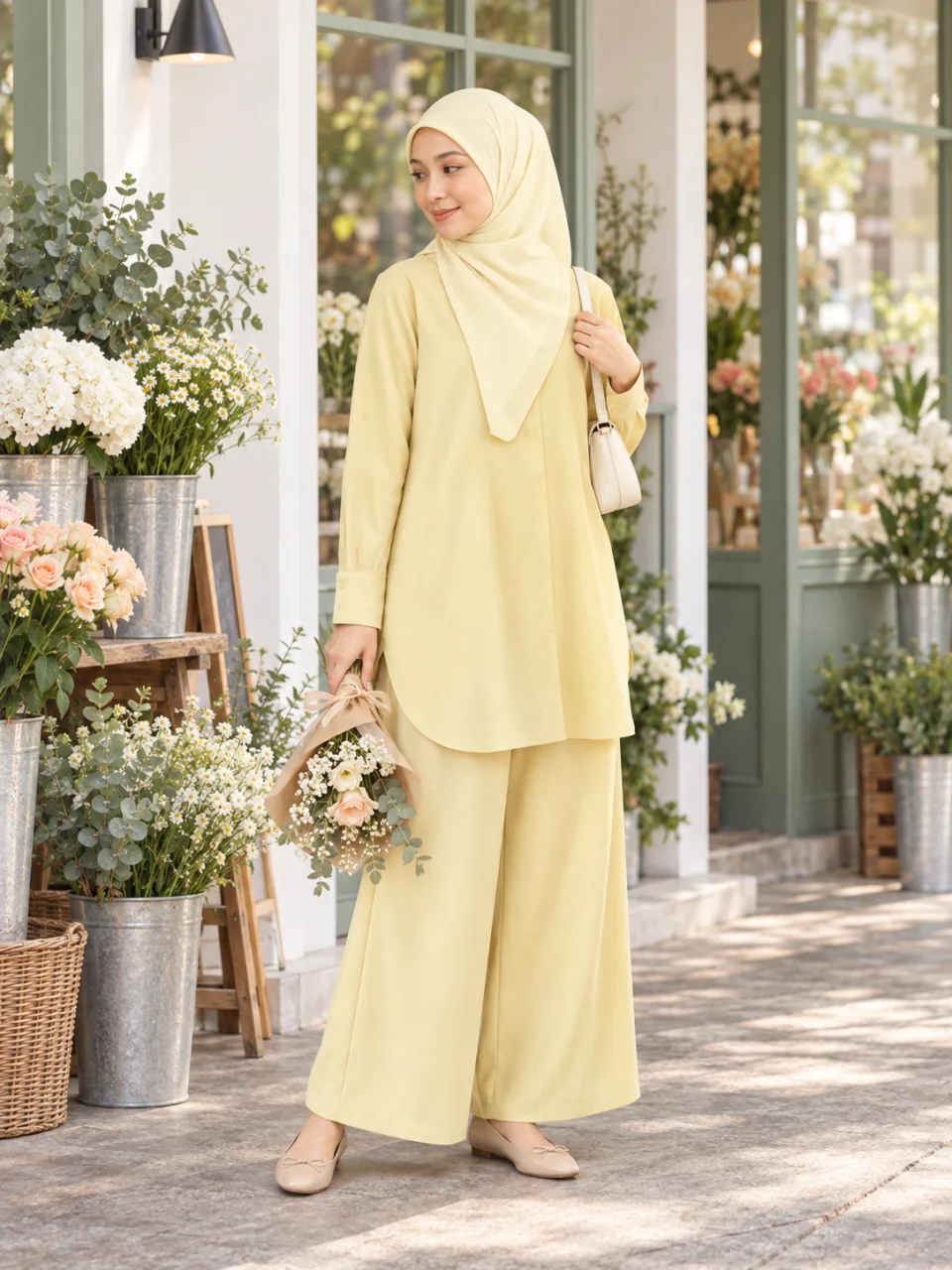 Inspirasi Soft Yellow — model berdiri penuh, singgah kedai bunga