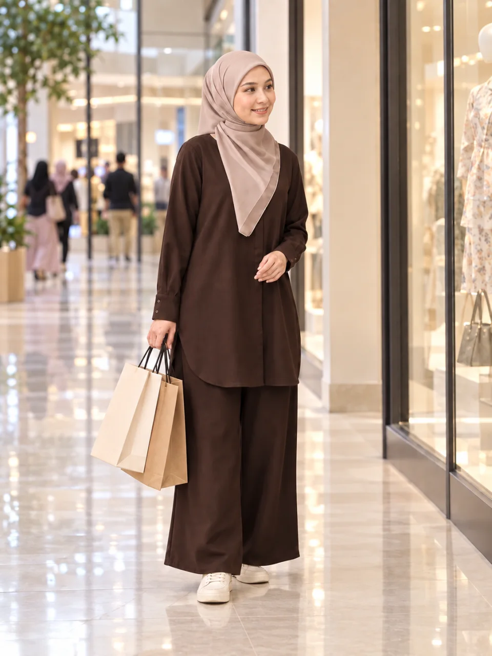 Inspirasi Brown — model berdiri penuh, keluar shopping