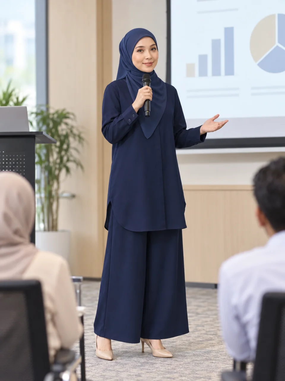 Inspirasi Navy Blue — model berdiri penuh, buat pembentangan