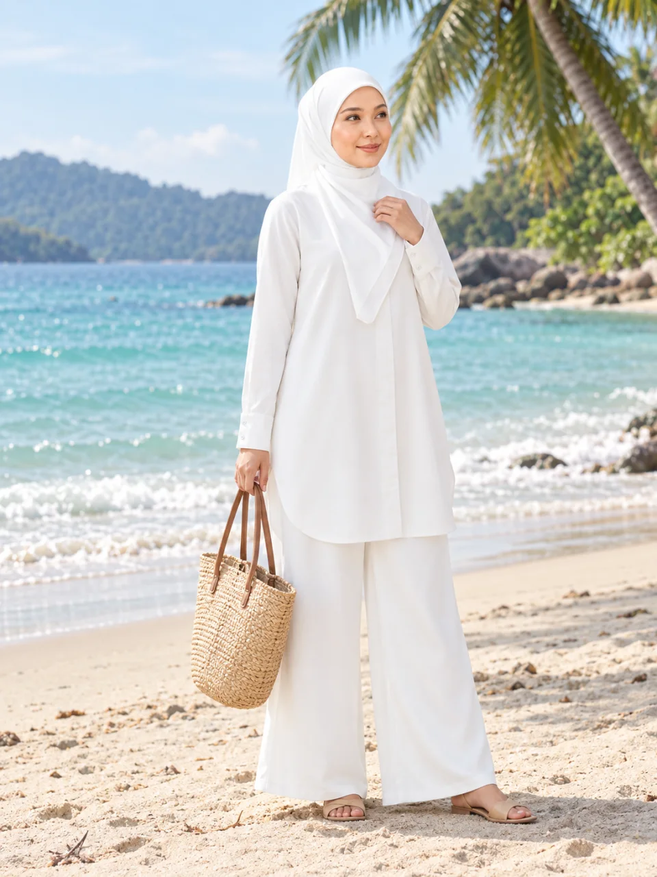 Inspirasi White — model berdiri penuh, tepi pantai